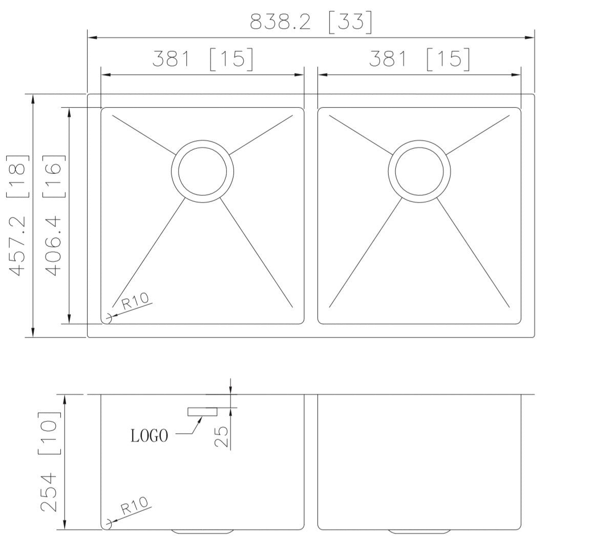 33-in. W CSA Approved Stainless Steel Kitchen Sink With 2 Bowl And 18 Gauge - 27406