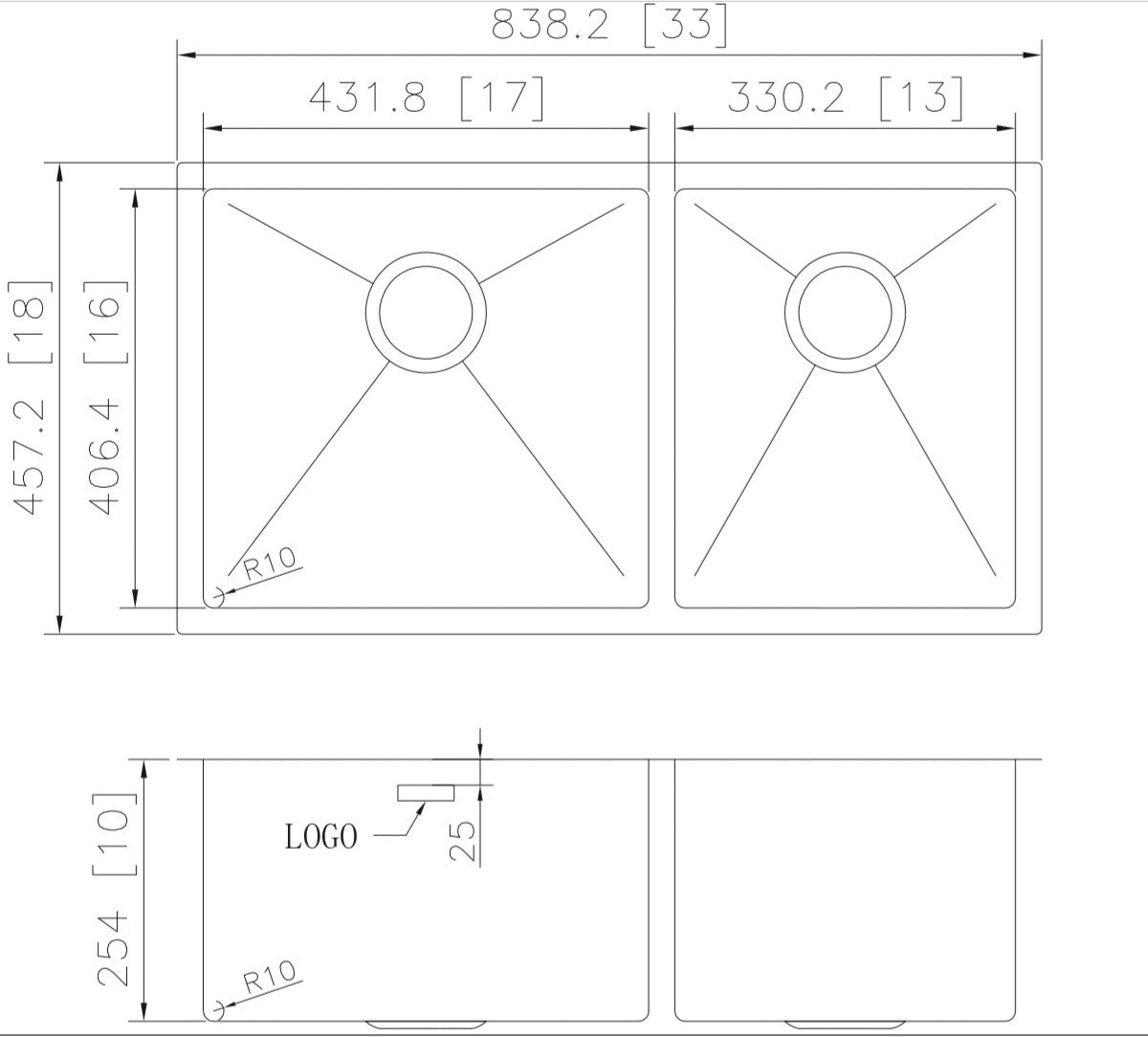 33-in. W CSA Approved Stainless Steel Kitchen Sink With 2 Bowl And 18 Gauge - 27407