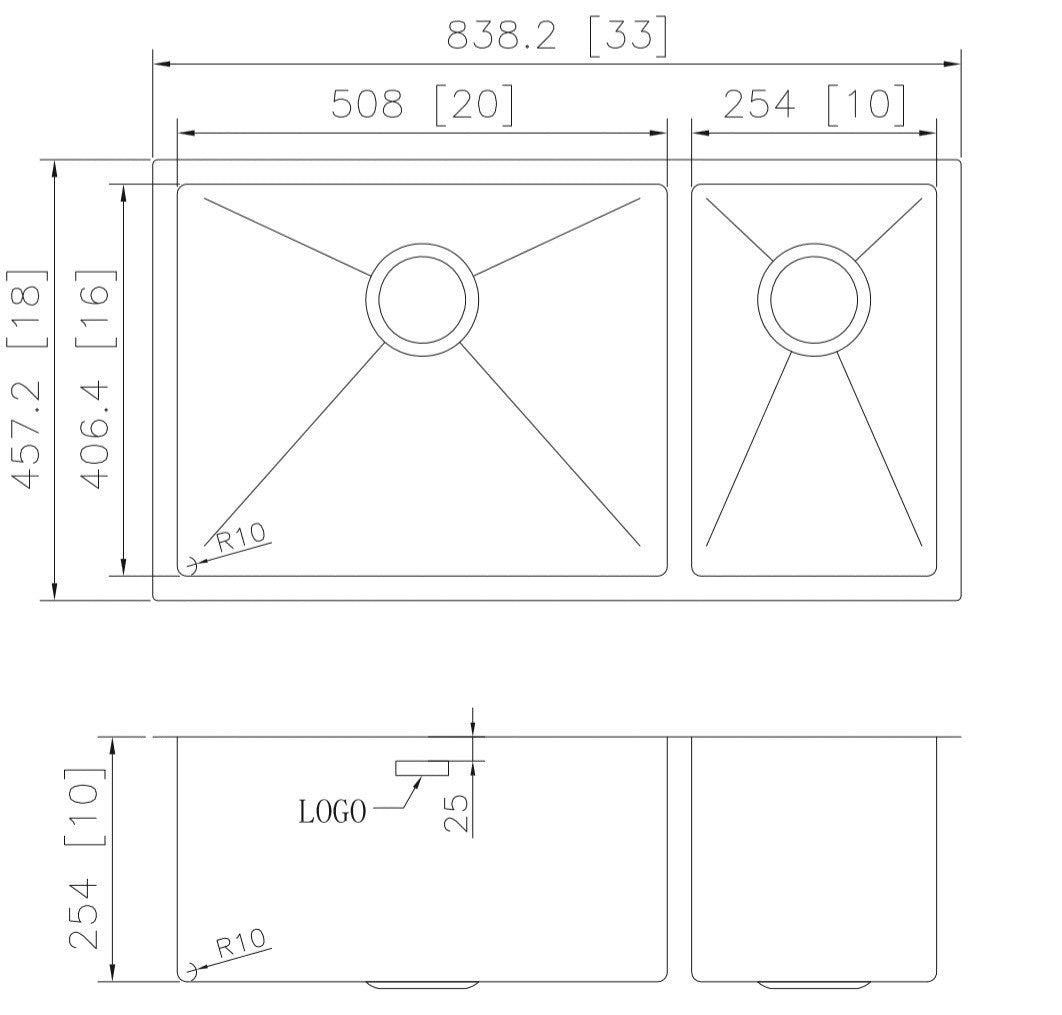 33-in. W CSA Approved Stainless Steel Kitchen Sink With 2 Bowl And 18 Gauge - 27409