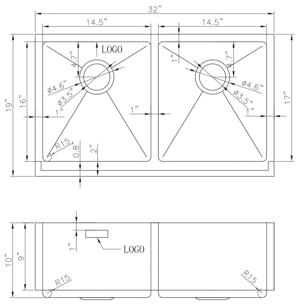 32-in. W CSA Approved Stainless Steel Kitchen Sink With 2 Bowl And 16 Gauge - 27466