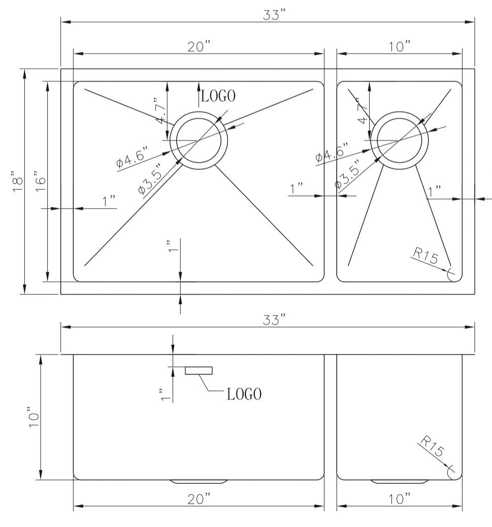 33-in. W CSA Approved Stainless Steel Kitchen Sink With 2 Bowl And 18 Gauge - 27484