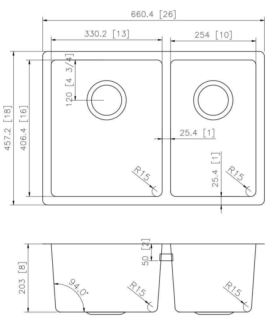 26-in. W CSA Approved Stainless Steel Kitchen Sink With 2 Bowl And 18 Gauge AI-27679