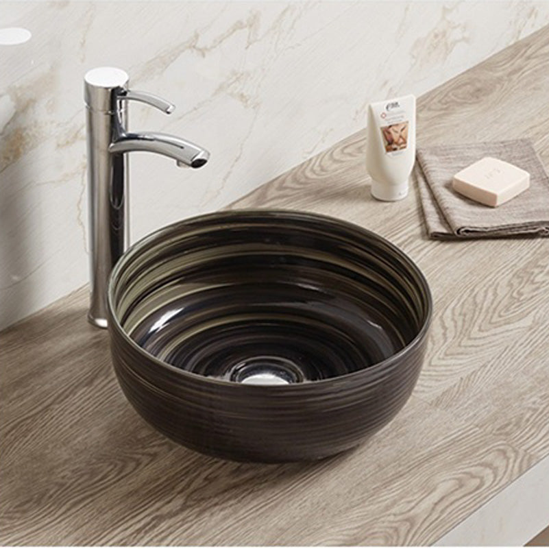 14.09-in. W Above Counter Black Swirl Bathroom Vessel Sink For Deck Mount Deck Mount Drilling AI-27840