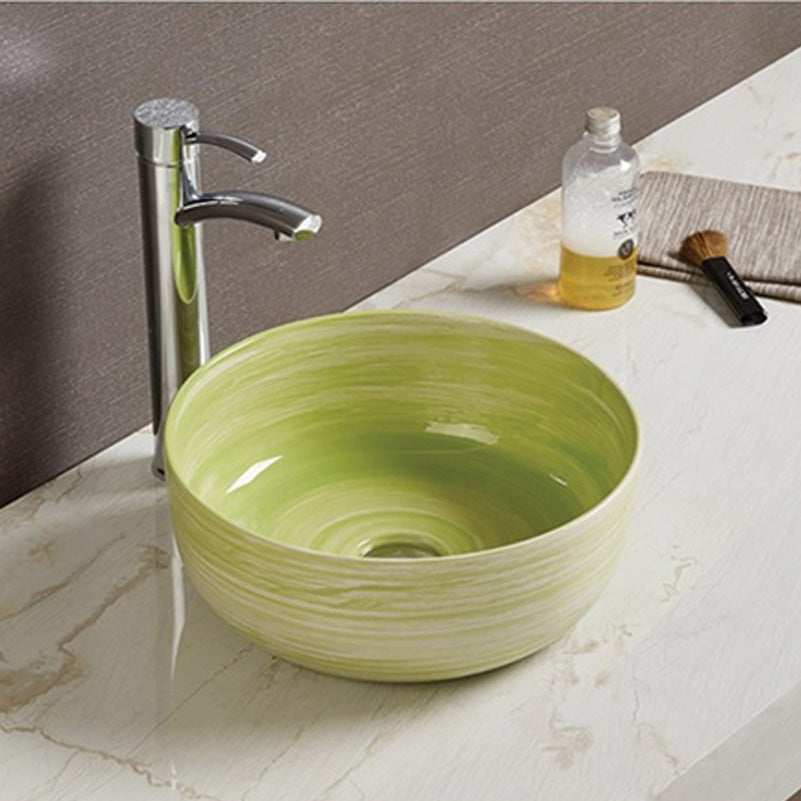 14.09-in. W Above Counter Olive Swirl Bathroom Vessel Sink For Deck Mount Deck Mount Drilling AI-27841