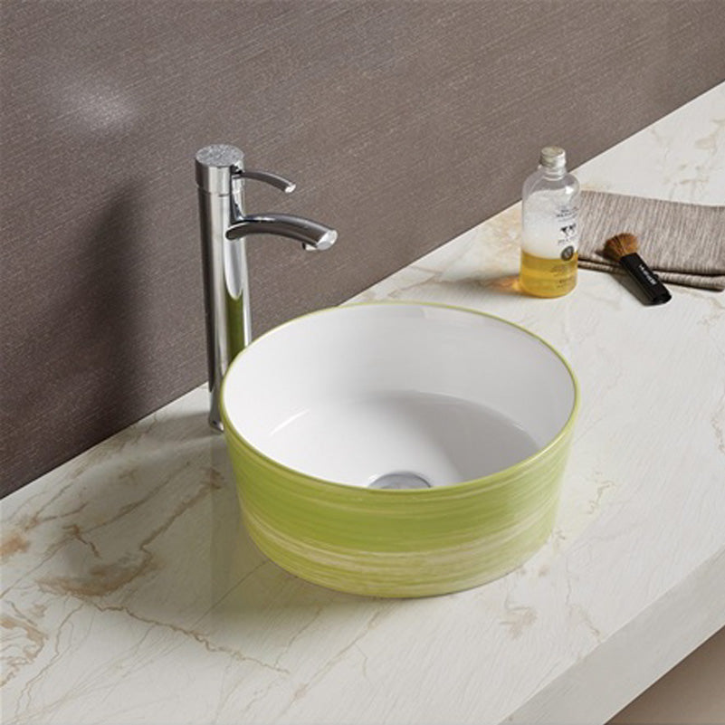 14.09-in. W Above Counter Olive Swirl-White Bathroom Vessel Sink For Deck Mount Deck Mount Drilling AI-27845