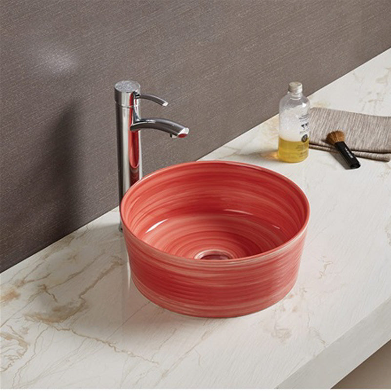 14.09-in. W Above Counter Red Swirl Bathroom Vessel Sink For Deck Mount Deck Mount Drilling AI-27846