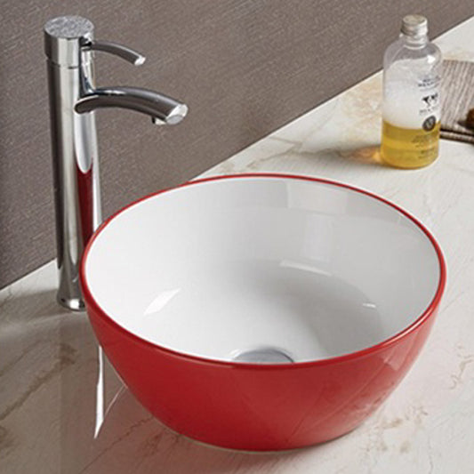 14.09-in. W Above Counter Red-White Bathroom Vessel Sink For Deck Mount Deck Mount Drilling AI-27866