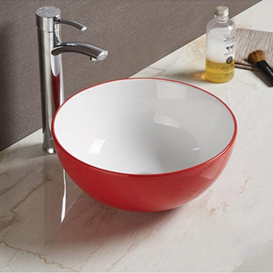 14.09-in. W Above Counter Red-White Bathroom Vessel Sink For Deck Mount Deck Mount Drilling AI-27884