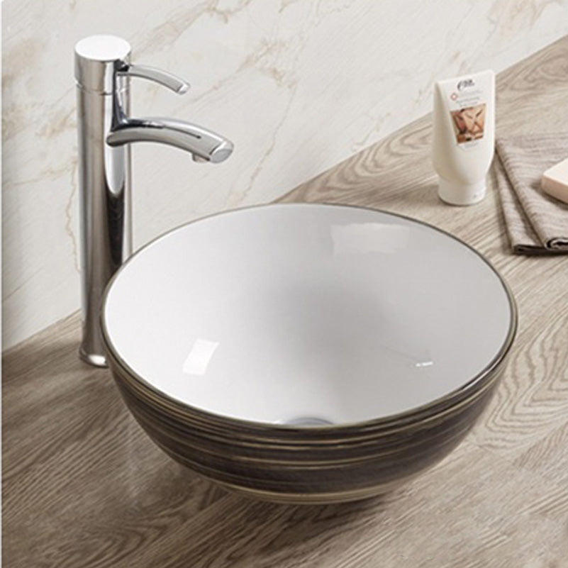 14.09-in. W Above Counter Black Swirl-White Bathroom Vessel Sink For Deck Mount Deck Mount Drilling AI- 27889